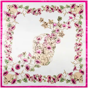 Silk square scarf with skull and morning glory floral print in white and fuchsia