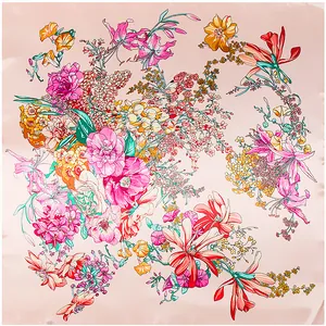 Floral print 90x90cm square silk satin scarf featuring vibrant botanical patterns on pink base