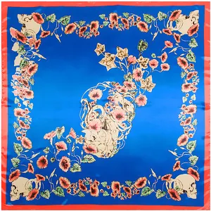 Blue and red silk square scarf with skull and morning glory floral pattern 90x90cm