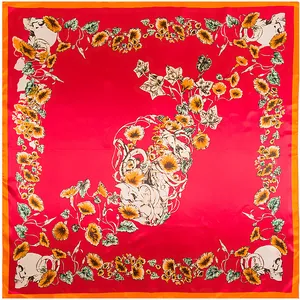 90x90cm square silk scarf featuring a red gothic skull and morning glory vine pattern