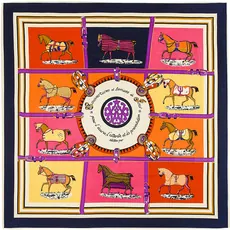 Detail of silk square scarf featuring equestrian patterns and horses on white background