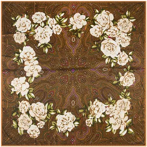 Zijden twill vierkante sjaal met retro camelia en paisley patroon in koffiebruin
