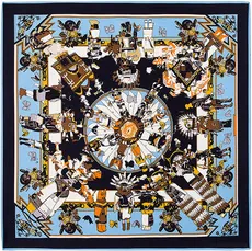 Detailed view of the classical totem pattern on a large square satin scarf