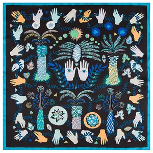 60cm Square silk scarf with mystical palm eye and celestial motifs on black satin