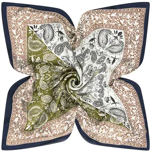 Ethnic paisley square scarf in satin silk with green and beige patchwork pattern