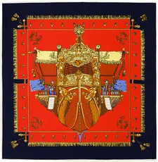 Detail view of the classic European nautical sail ship pattern on red square silk scarf