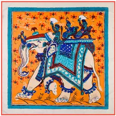 Detailed pattern of a white elephant and red flowers on an orange silk square scarf