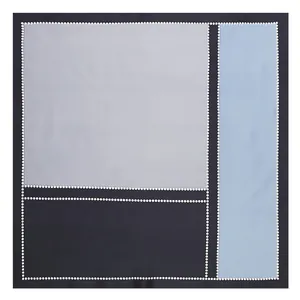 Modern geometric silk scarf featuring light blue and grey color blocks with dotted lines