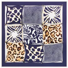 Detail of 100cm silk square scarf featuring leopard and zebra patterns with navy border