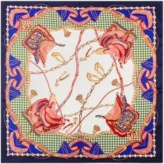 Detailed equestrian print on silk-like square scarf featuring tassels and stirrup patterns