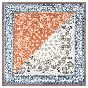 60x60cm paisley print satin silk square scarf with orange and blue patchwork design