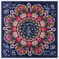 Detail showing deep blue square scarf with symmetrical red and pink mandala floral pattern