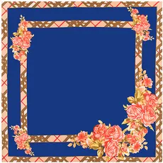 Detail of navy blue square scarf featuring pink rose print and classic plaid borders