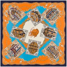 Detailed close-up of orange and blue ethnic rose pattern silk scarf with chain motifs