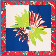 Macro detail of square scarf showing colorful floral center and paisley border patterns