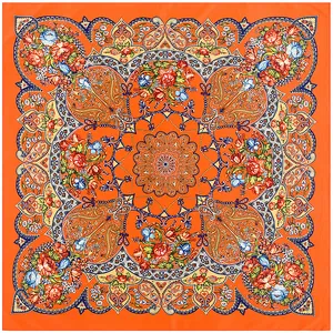 100cm Bohemian geometric floral square silk scarf shawl in vibrant orange and paisley