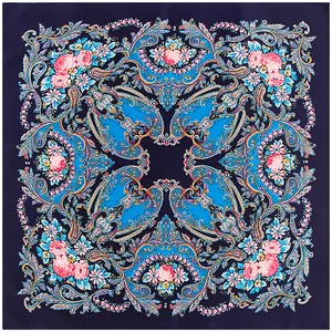 Ethnic paisley and floral print navy blue square silk scarf shawl for women 100x100cm