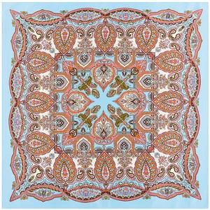 Blaues quadratisches Seidentuch für Damen mit Paisley-Blattmuster, 100cm x 100cm Schal