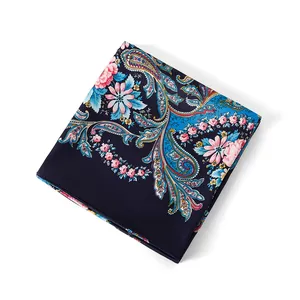 Navy blue paisley floral silk scarf for women, 100x100cm square shawl with rose pattern