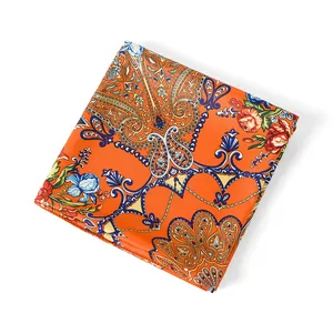 Bohemian paisley floral square silk scarf in bright orange and blue 100x100cm