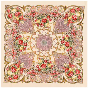 Detailed macro view of bohemian silk scarf with paisley patterns and red roses floral design