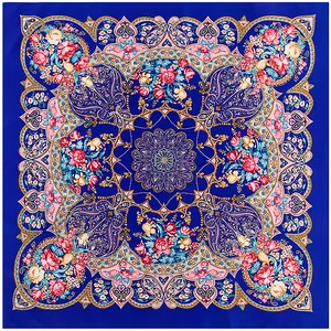 Close-up of royal blue bohemian silk scarf with intricate floral mandala patterns