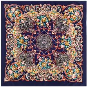 Detailed pattern of large square bohemian scarf with paisley and colorful floral motifs