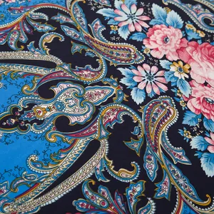 Detailed macro view of paisley and pink floral pattern on a navy blue silk scarf