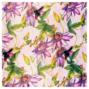 Square silk scarf with purple passion flowers and bee pattern on a light pink background