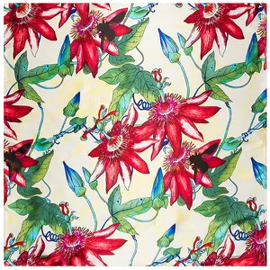 Floral silk square scarf featuring red passion flowers and bee prints, 60x60cm size