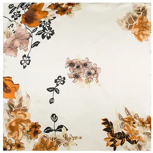 Floral square silk scarf with vintage orange and pink blossom patterns on cream base