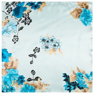 Elegant floral silk-feel square scarf with blue blossoms and leaf patterns, size 60x60cm