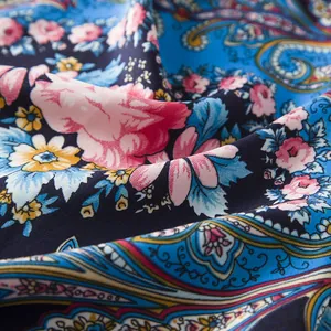Close-up of silky paisley scarf fabric with pink roses and yellow floral pattern
