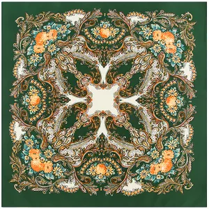 Deep green 100cm square silk scarf featuring orange roses and paisley vintage patterns