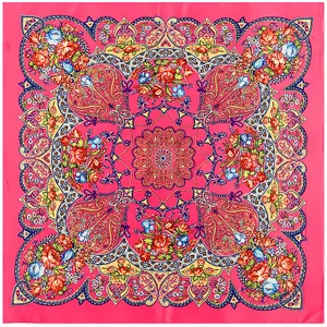Ethnic bohemian square silk scarf with rose red floral paisley patterns, 100x100cm