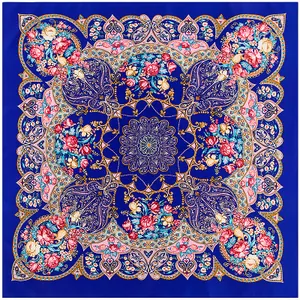 Royal blue Bohemian silk scarf with Paisley patterns and floral motifs, 100cm square shawl