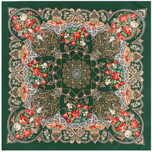 Bohemian 100cm square silk scarf with floral paisley patterns on dark green base