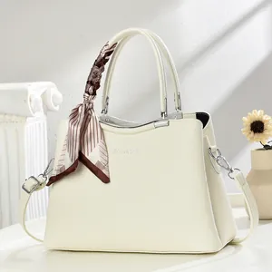 Elegant cream lychee pattern leather handbag with scarf handle and shoulder strap