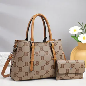 Fashionable monogram tote bag set with matching wallet and adjustable strap in brown