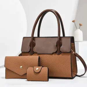 Three-piece women's handbag set in brown leather and woven texture with tote and pouches