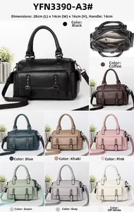 Detailed view of women's tote bag dimensions and eight available color options