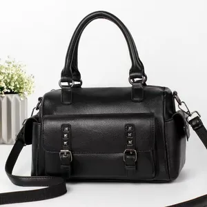Women Litchi Pattern Boston Bag Large Capacity Rivet Decor PU Leather Handbag Fashion Shoulder Crossbody Bag Commuter Travel Bag