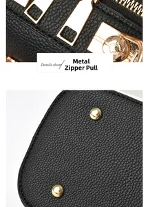 Détails de la fermeture éclair dorée et des clous de protection du sac en cuir noir