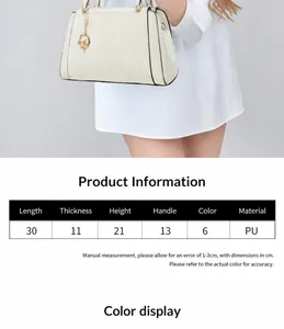 Guía de tallas con medidas 30x11x21cm y detalles del material para el bolso de mano PU