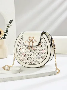 Sac à Bandoulière Rond Mode pour Femme en Cuir PU Design Géométrique Ajouré avec Chaîne et Boucle Cygne