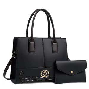 Elegant 2-in-1 black faux leather tote and envelope clutch set with gold hardware