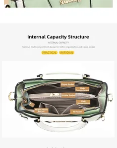 Internal structure of the mint green handbag showing main compartments and zipper pockets