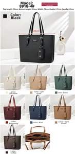 Detailed size specifications and eight color options for the large PU leather tote bag