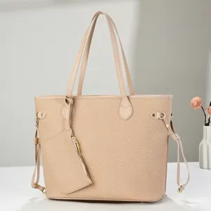 Chic beige woven tote bag set for women with matching mini pouch and gold hardware