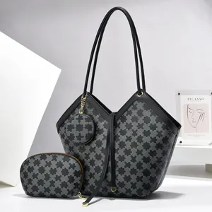 Detailed set of checkerboard tote bag with matching zipper pouch and round charm accessory